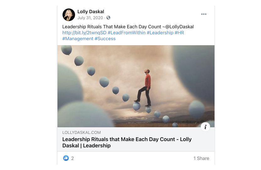 a post by Lolly Daskal on Twitter that reperests personal branding by being consistent with brand content